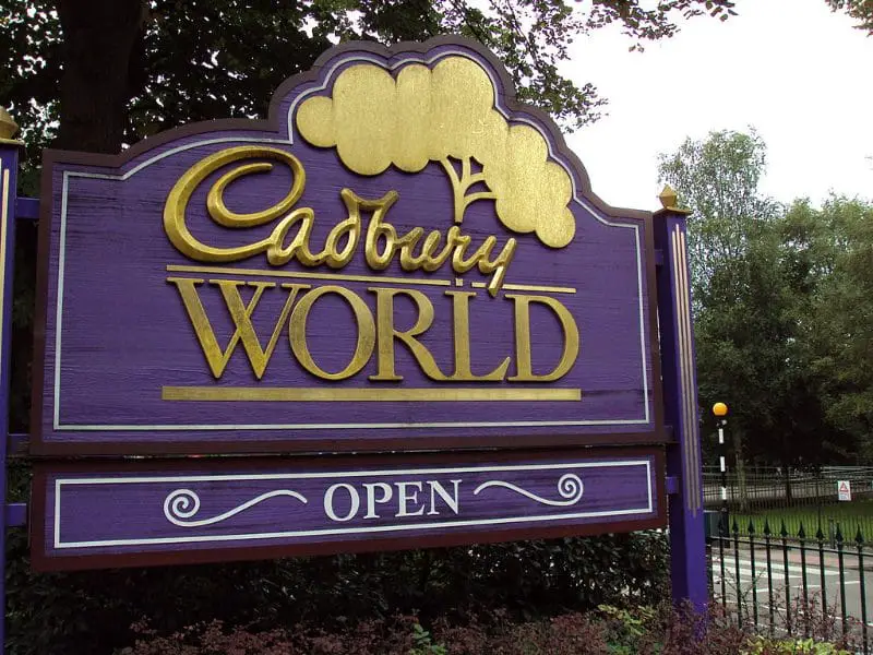 bright purple cadbury world main entrance sign