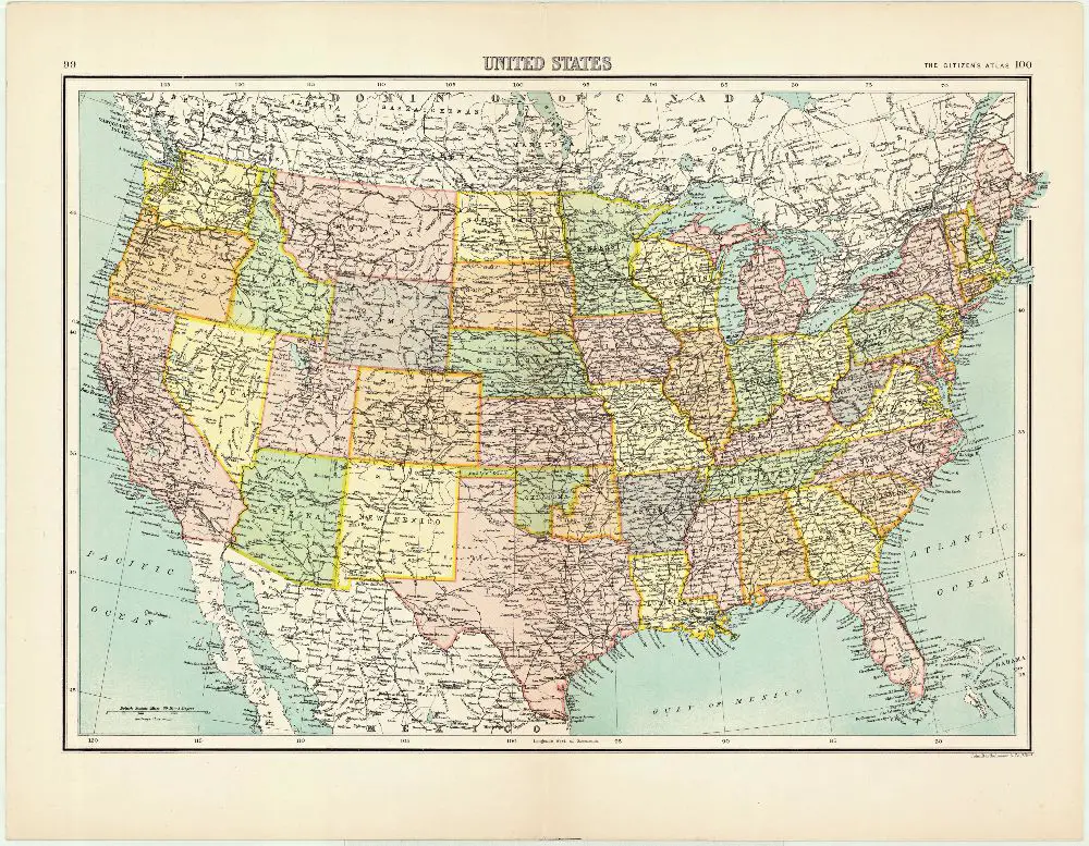 1892 antique map of the Western United States from atlas