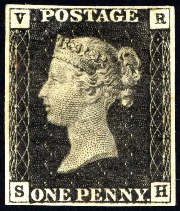 the world's first postal stamp, black and white with queen victoria's face, including the texts "postage" "one penny", and V, R, S and H in the corners.