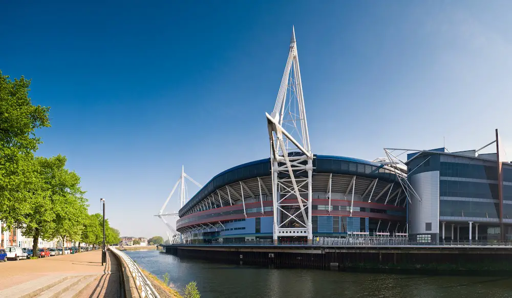 view of the principality stadium from the sidewalk