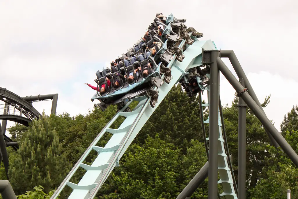 Air rollercoaster going over a steep bend at Alton Towers theme park, UK