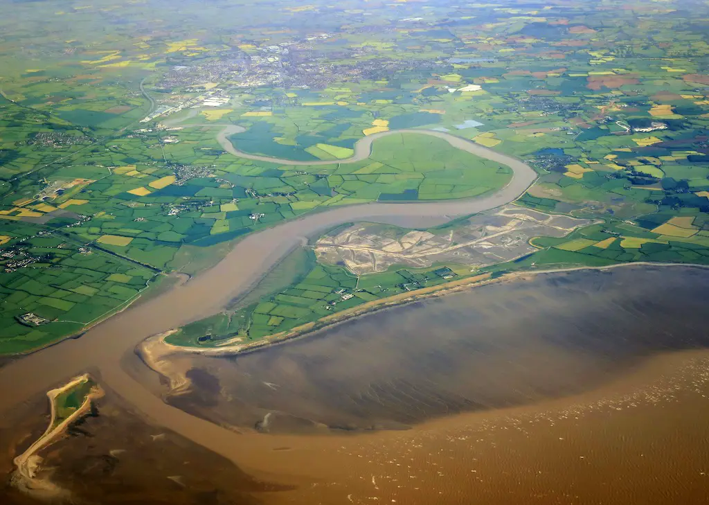 aerial view of the river parrett in somerset, england.