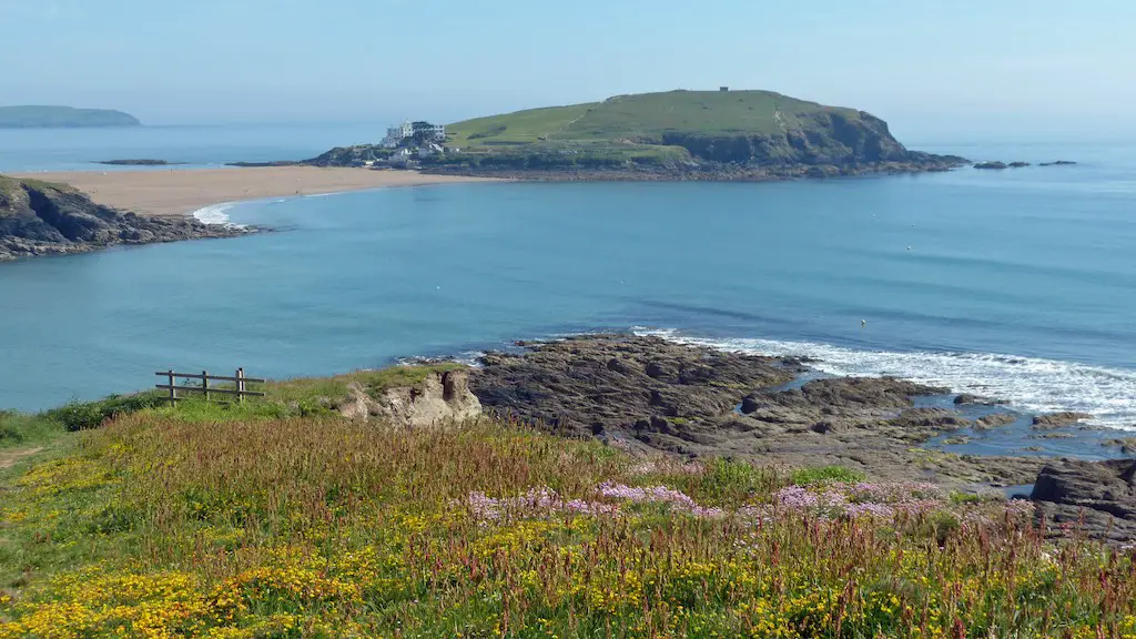 view of burgh island from the mainland in devon, england