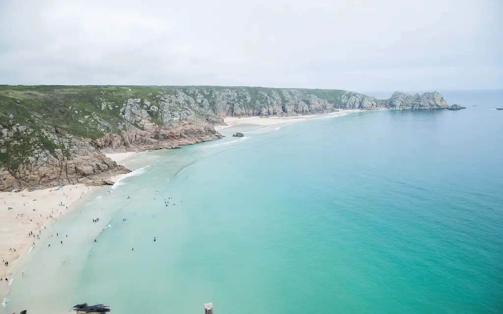 aerial view of porthcurno beach in cornwall