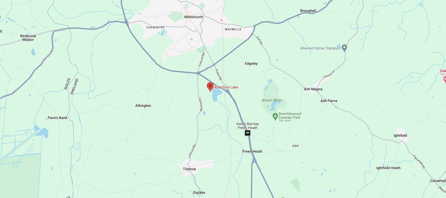 a map showing the location of alderford lake near whitchurch in england.