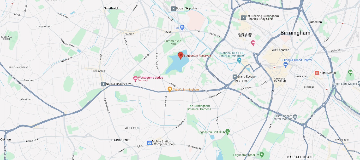 a map showing the location of Edgbaston reserve in birmingham, england.