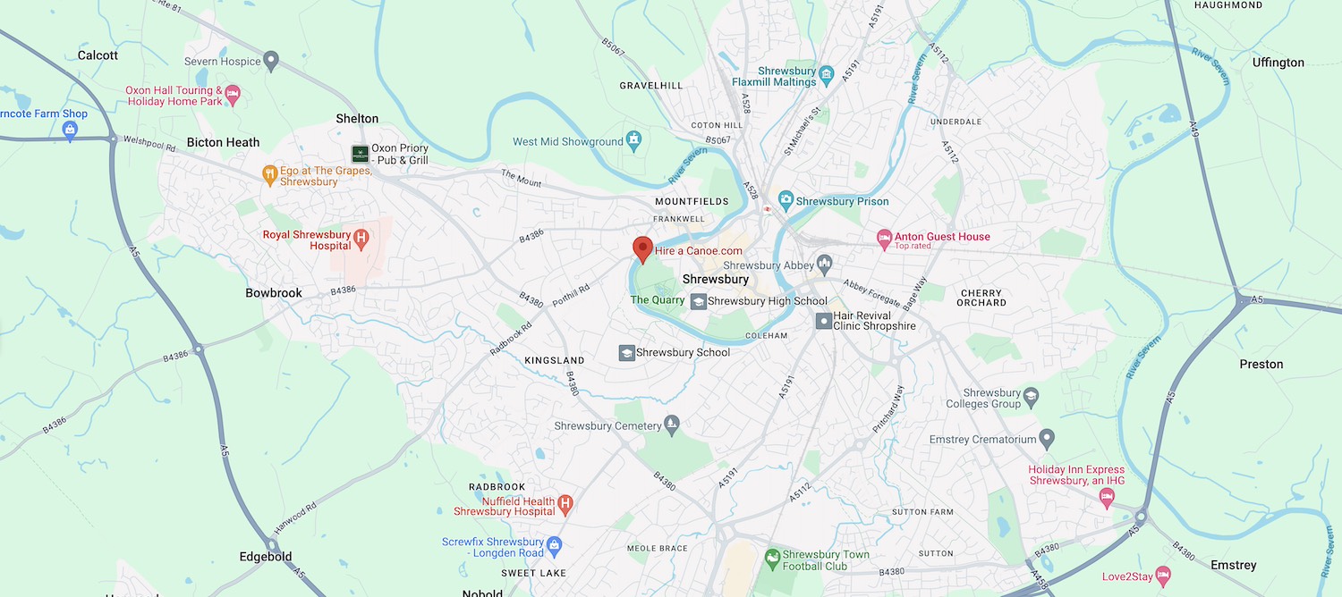 a map showing the location ofhire a canoe shrewsbury, in england.