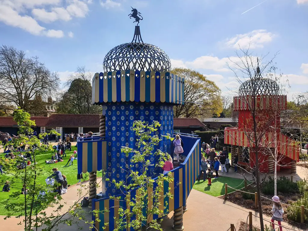 view of the blue and red towers at the Magic Garden in Hampton Court Palace