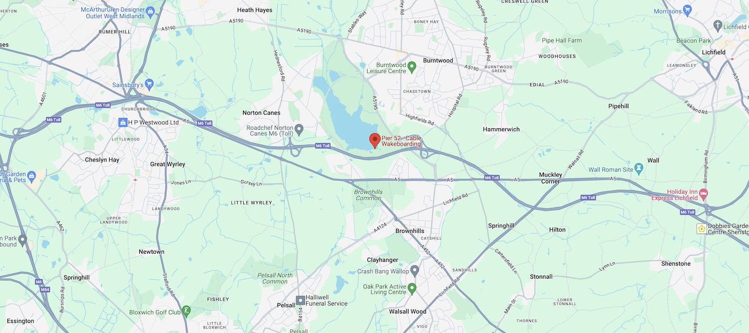 a map showing the location of pier 52 at chasewater country park in england.