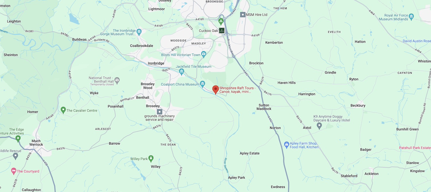 a map showing the location of shropshire raft tours in the west midlands, england.