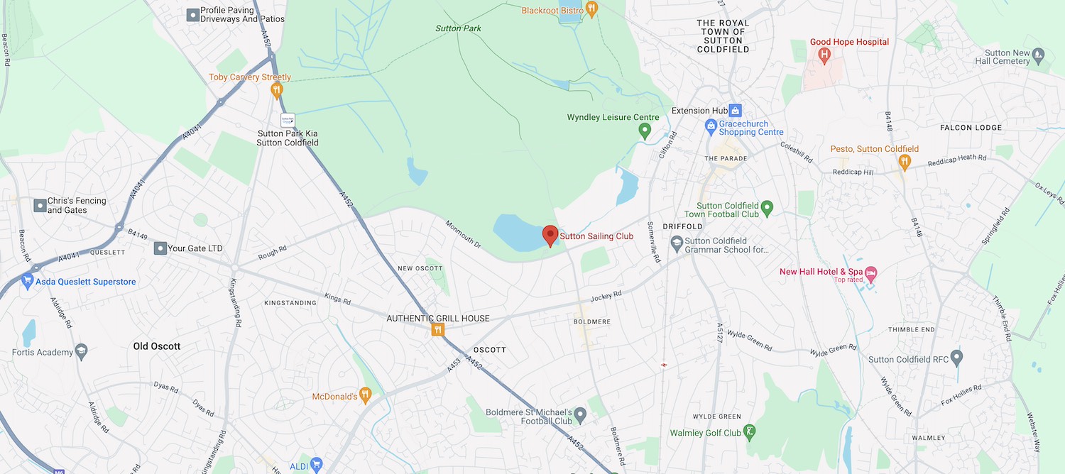 a map showing the location of sutton sailing club in norht birmingham, england.