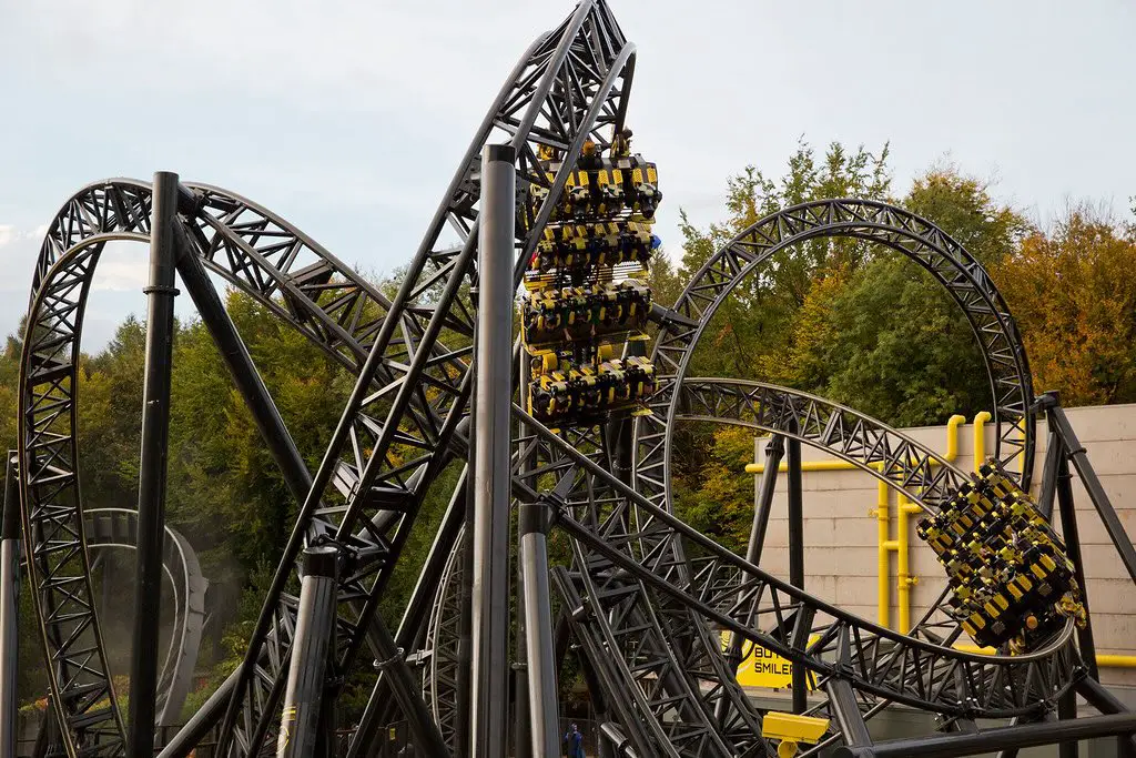 a modern and thrilling rollercoaster ride in action at alton towers theme park
