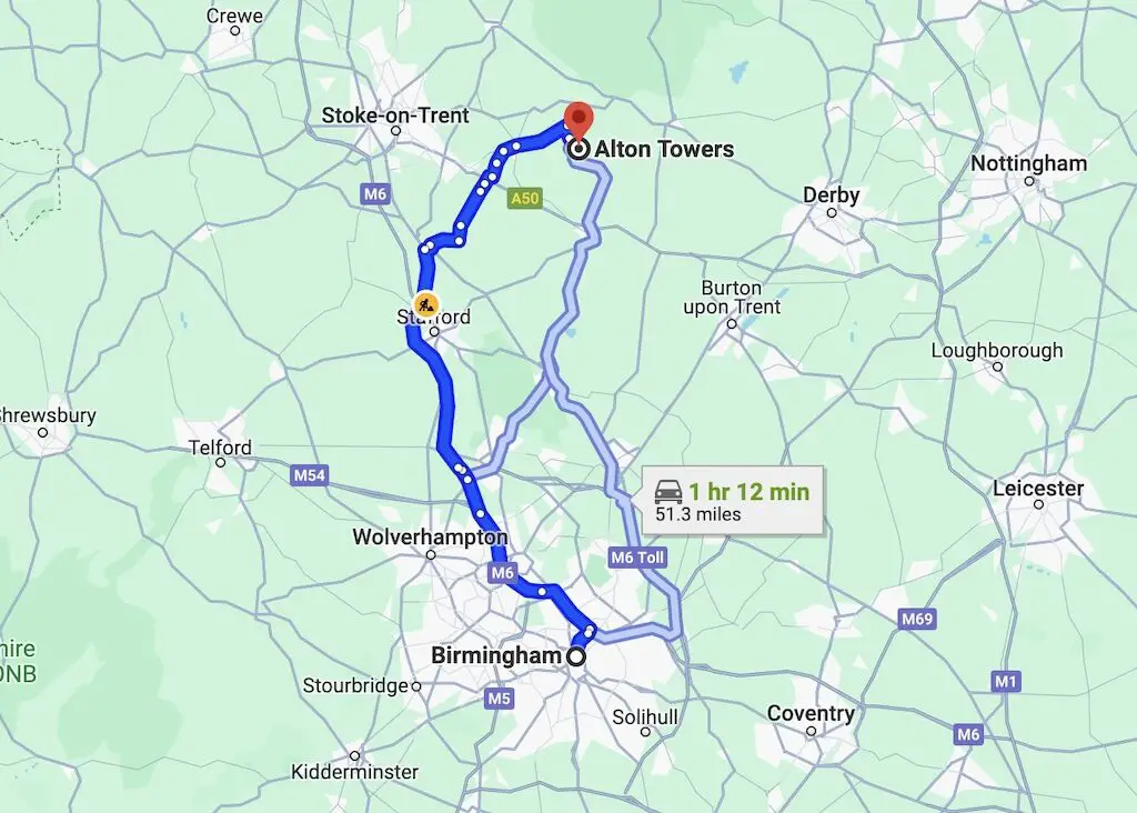 a map of the car route from birmingham to alton towers