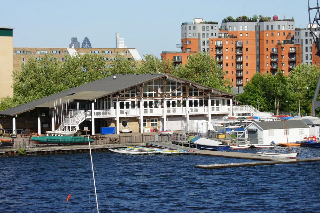 view of the docklands waterports and sailing centre building on the riverside in london