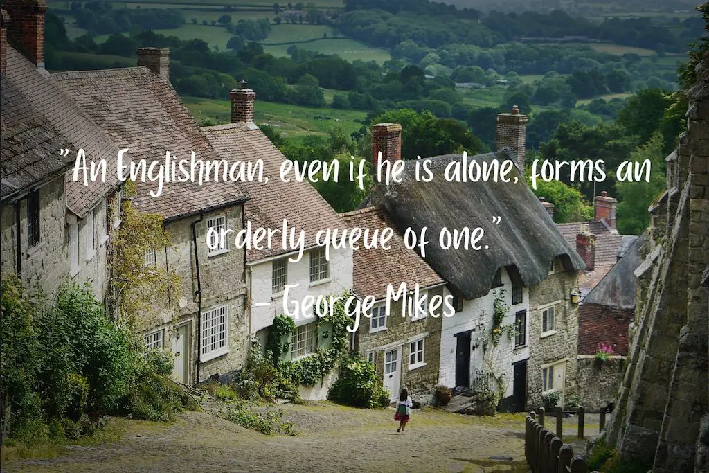 photo of old english cottages with countryside in the background and a funny quote about england on the image.