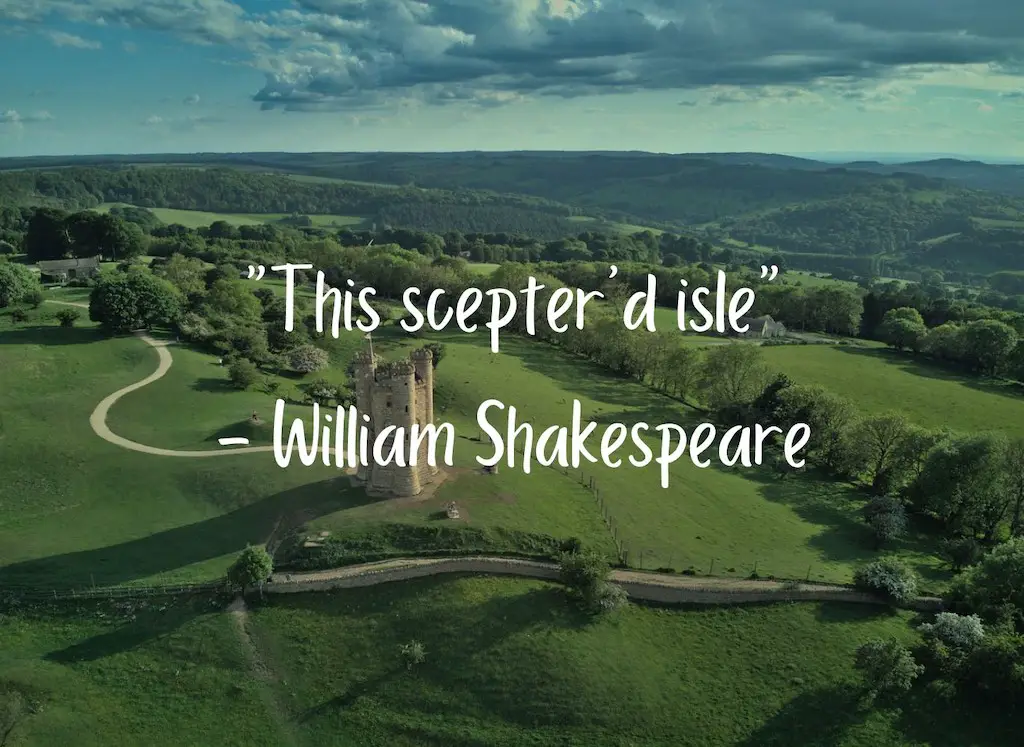aerial view of the cotswolds countryside with a tall castle in the middle and a quote about england at the forefront.