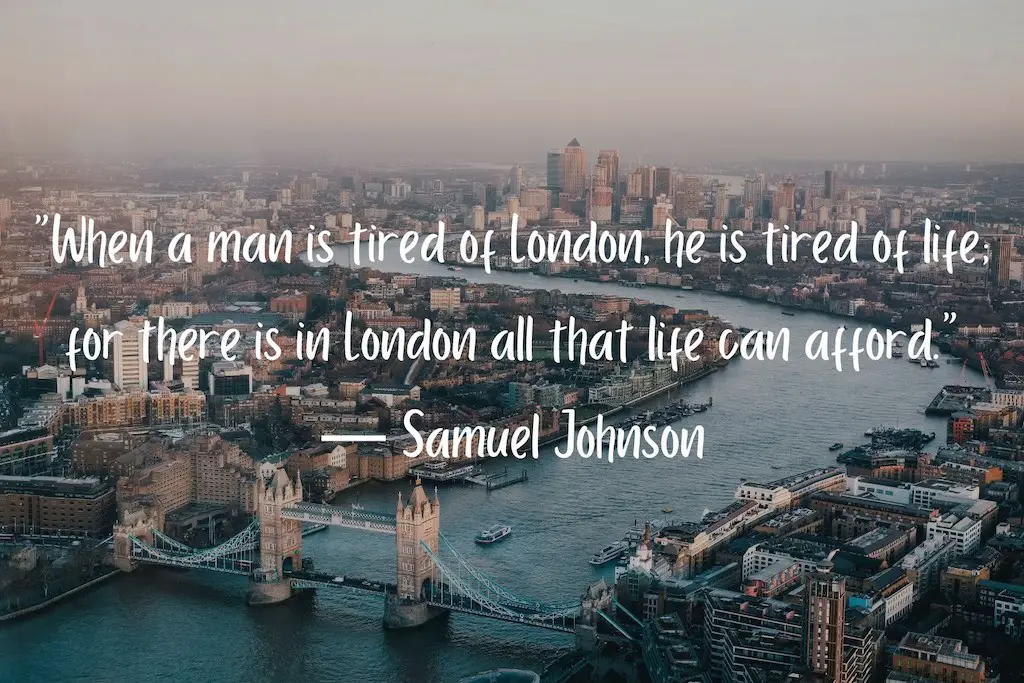 aerial view of the river thames and central london with a quote about london at the forefront