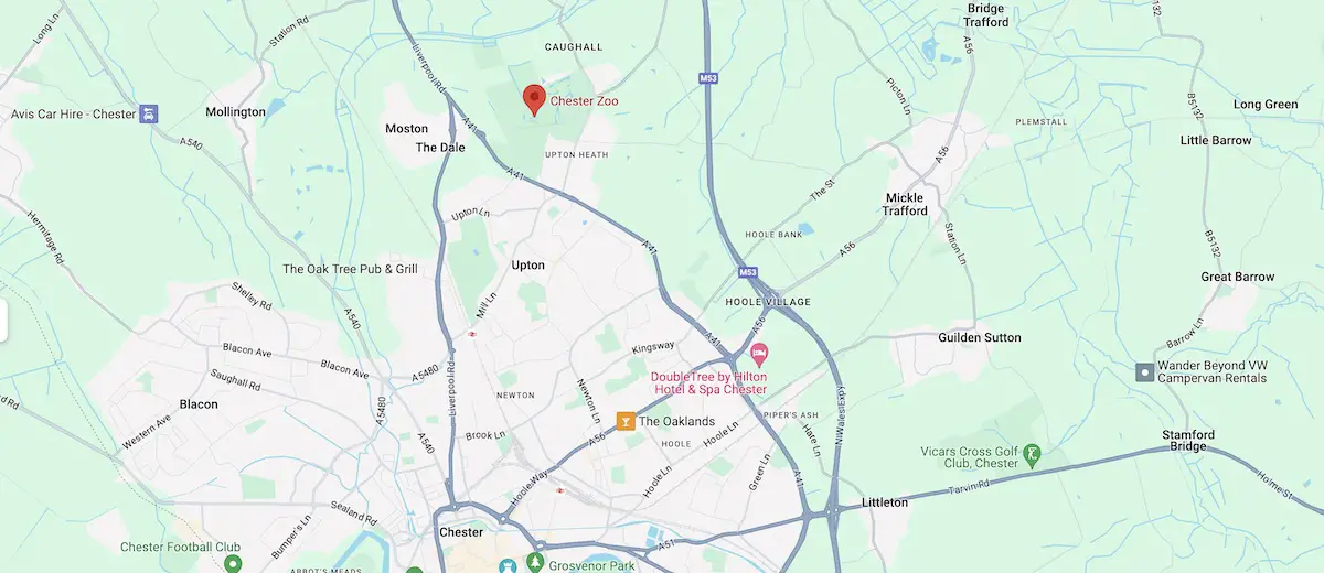road map of the location of chester zoo near chester, england