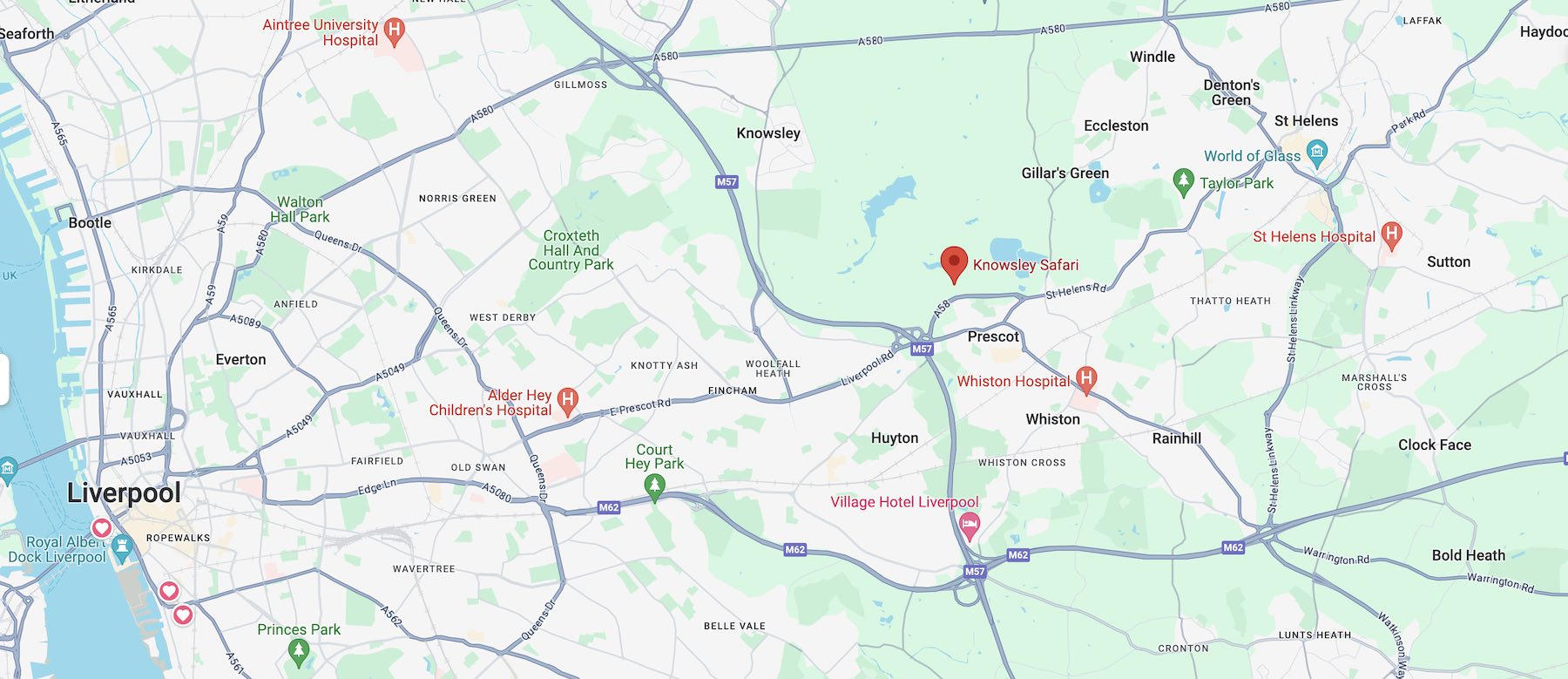 road map of the location of knowsley safari park near liverpool, england