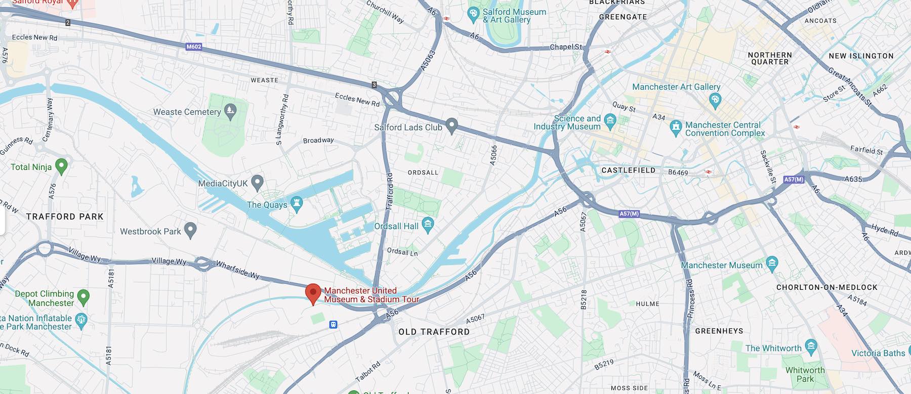 road map of the location of manchester united museum in manchester, england