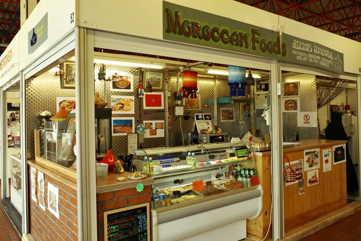 front view of Moroccan Foods food stall at Stoke-on-Trent's indoor market in Stoke, England