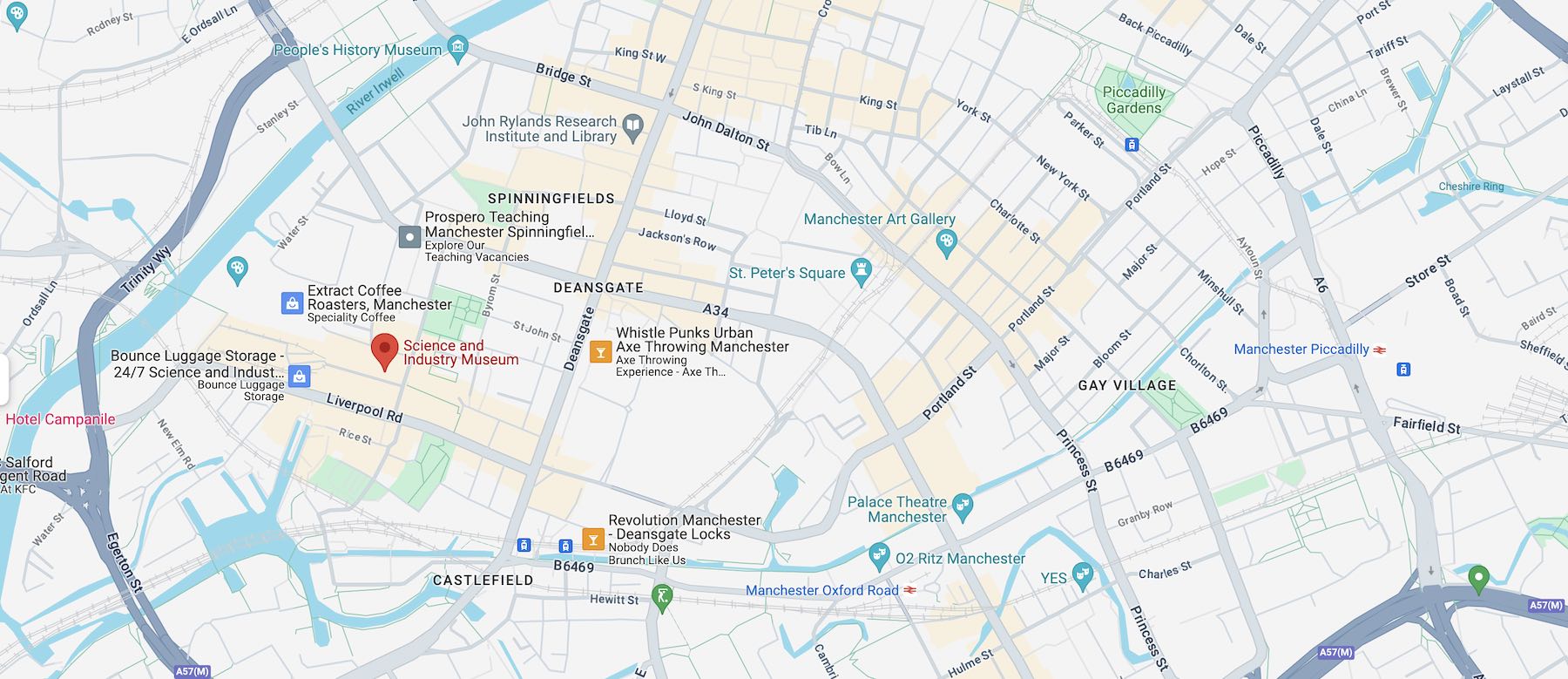 road map of the location of the science and industry museum in manchester, england