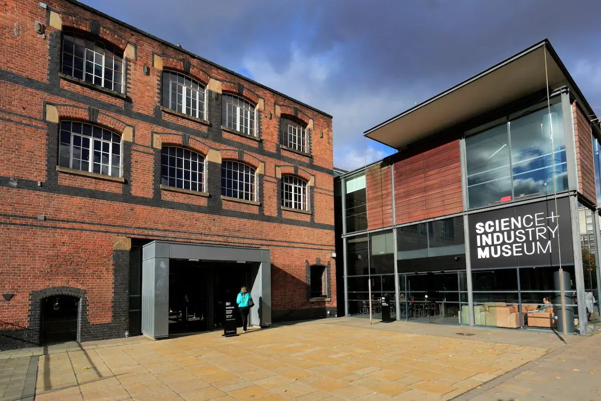 front entrance of the red brick building of the science and industry museum in manchester, england