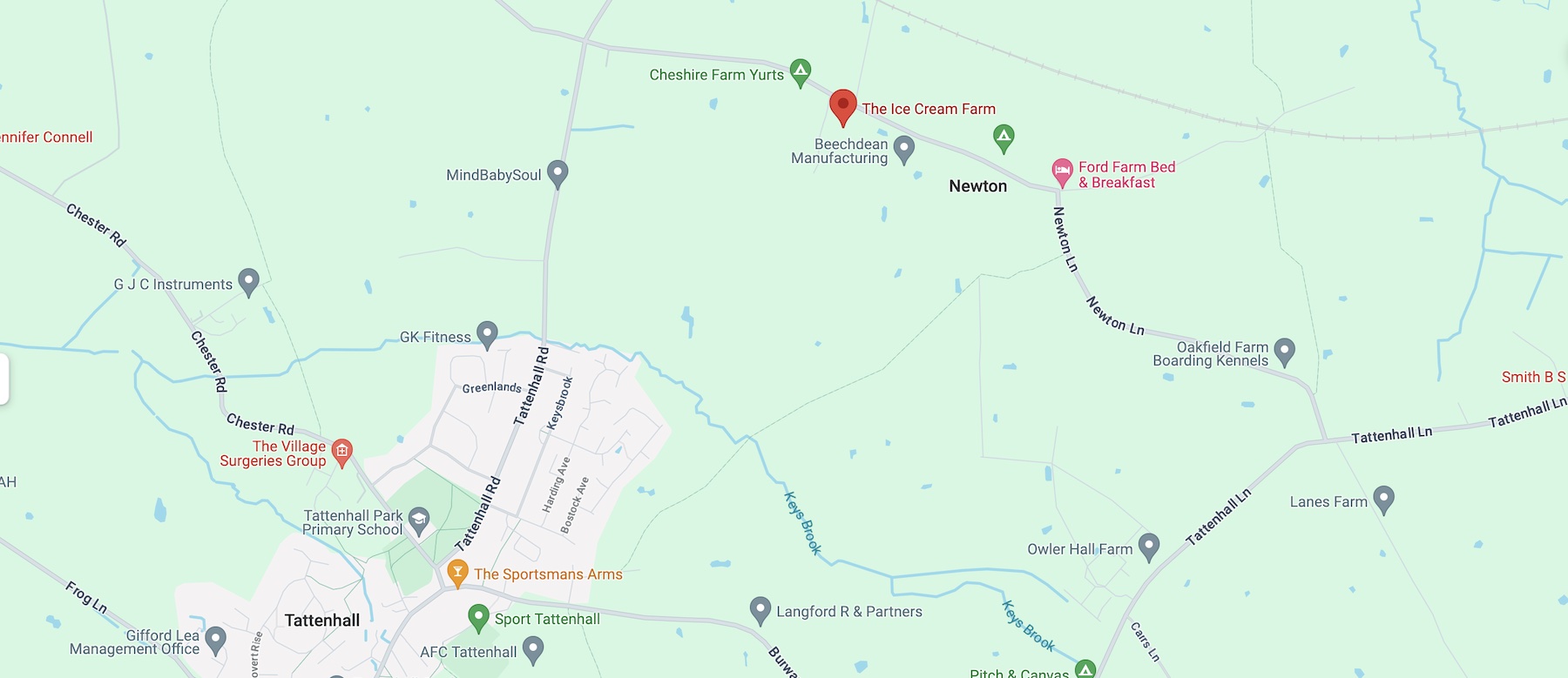 road map of the location of the ice cream farm near tattenhall, chester, england