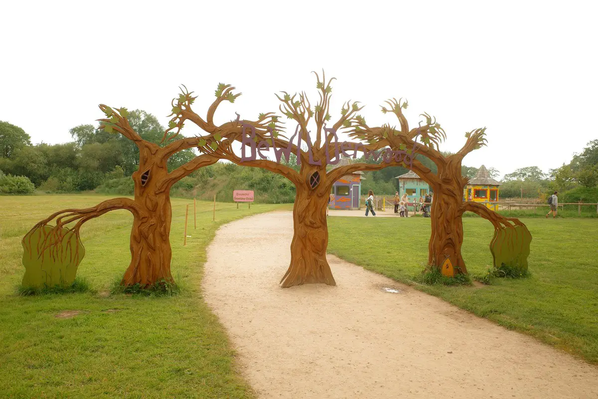  An archway made of three stylized tree sculptures spans a dirt path in a grassy area. The trees have twisting branches that reach upward. In the background, colorful structures are visible, suggesting it may be the entrance to a children's play area.